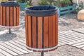 Wooden garbage can for rubbish on a beach on a summer day Royalty Free Stock Photo