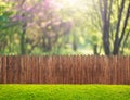 A wooden garden fence at backyard and bloom tree in spring Royalty Free Stock Photo