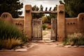 wooden garden gate in beautiful pueblo style adobe home