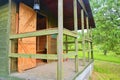 Wooden garden shed in a beautiful rural orchard. Close-up Royalty Free Stock Photo