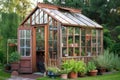 wooden garden shed with greenhouse windows and potted plants Royalty Free Stock Photo