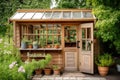 wooden garden shed with greenhouse windows and potted plants Royalty Free Stock Photo