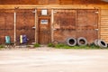 Wooden gate of rural timber building closed sign Royalty Free Stock Photo