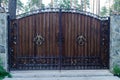 Wooden gate with wrought iron elements Royalty Free Stock Photo