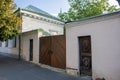 The wooden gates of the 18th century with two wickets in the old district of Podil in Kyiv Kiev, Ukraine Royalty Free Stock Photo