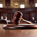 Wooden gavel in courtroom with lawyers behind