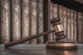 Wooden gavel and law books in lawyers office