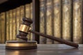 Wooden gavel and law books in lawyers office