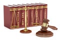 Wooden gavel, low books and golden scales of justice. Justice co