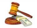 wooden gavel and money on white background. Isolated 3D illustration Royalty Free Stock Photo
