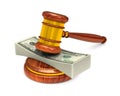 Wooden gavel and money on white background. Isolated 3D illustration Royalty Free Stock Photo