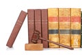 Wooden gavel and old law books