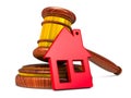 wooden gavel and red house on white background. Isolated 3D illustration Royalty Free Stock Photo