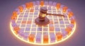 A wooden gavel rests on a circular grid of orange and purple cubes in a symmetrical 3D rendered composition with gradient Royalty Free Stock Photo