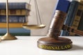 Gavel, scales of justice and books on table. Criminal law concept Royalty Free Stock Photo