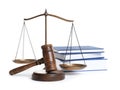 Wooden gavel, scales of justice and books Royalty Free Stock Photo