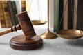 Wooden gavel, scales of justice and books Royalty Free Stock Photo