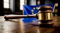 Wooden gavel on the table with european union flag. AI generated Royalty Free Stock Photo