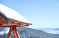 Gazebo covered with snow in mountains. Winter vacation