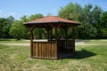 Wooden gazebo in a historical park near a limestone quarry. RÃ¼dersdorf bei Berlin, Germany