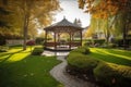 wooden gazebo and landscaping in the yard green trees and lawn generative ai