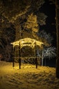 Wooden gazebo in the park at night in winter Royalty Free Stock Photo