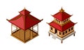 Wooden Gazebo and Tiered Pagoda in Oriental Style as Asian Architecture Isometric Vector Set Royalty Free Stock Photo