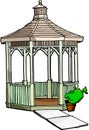 Wooden gazebo with wooden roof and garden path. wooden hause in asian style