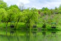 wooden gazebos and weeping willows on the lakeshore in a clear sunny day