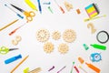 Wooden gear on the creative school desk. educational process. mechanism interaction, principle of action. creativity and education Royalty Free Stock Photo