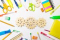 Wooden gear on the creative school desk. educational process. mechanism interaction, principle of action. creativity and education Royalty Free Stock Photo