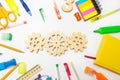 Wooden gear on the creative school desk. educational process. mechanism interaction, principle of action. creativity and education Royalty Free Stock Photo