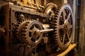 wooden gear mechanism in antique machinery