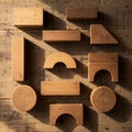 Wooden geometric blocks arranged on a textured wooden surface, casting distinct Royalty Free Stock Photo