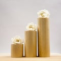 Wooden geometrical pieces with white roses