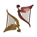 Wooden and golden Celtic harps with a female silhouette. Symbol of Ireland. St.Patrick 's Day. Isolated watercolor