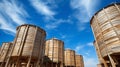 Wooden grain silos under blue sky