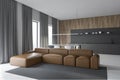 Wooden and gray living room and kitchen corner Royalty Free Stock Photo