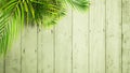 Wooden green table copy space background with tropical plants leaves,top view Royalty Free Stock Photo