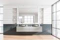 Wooden and grey brick bathroom, double sink