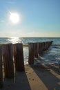 Wooden groynes at the North Sea beach with sun
