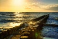 Wooden groynes in the water of the Baltic Sea at sunset