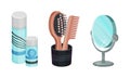 Wooden Hair Brush and Comb with Mirror Vector Set.