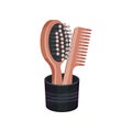 Wooden hairbrush and comb in black cup. Hairdressing symbols. Beauty industry. Flat vector icon