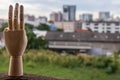 Wooden Hand Puppet showing three fingers hand Royalty Free Stock Photo