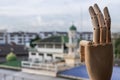 Wooden Hand Puppet showing three fingers hand Royalty Free Stock Photo