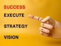 Wooden hand with the word SUCCESS EXECUTE STRATEGY VISION Royalty Free Stock Photo