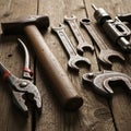 A wooden handle, an adjustable wrench, a set of open-end wrenches, Royalty Free Stock Photo