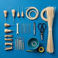 With wooden handles, various sizes of needles, thread spools, scissors, Royalty Free Stock Photo