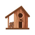 Wooden handmade bird house isolated on white background. Cartoon homemade nesting box for birds, ecology birdbox vector Royalty Free Stock Photo